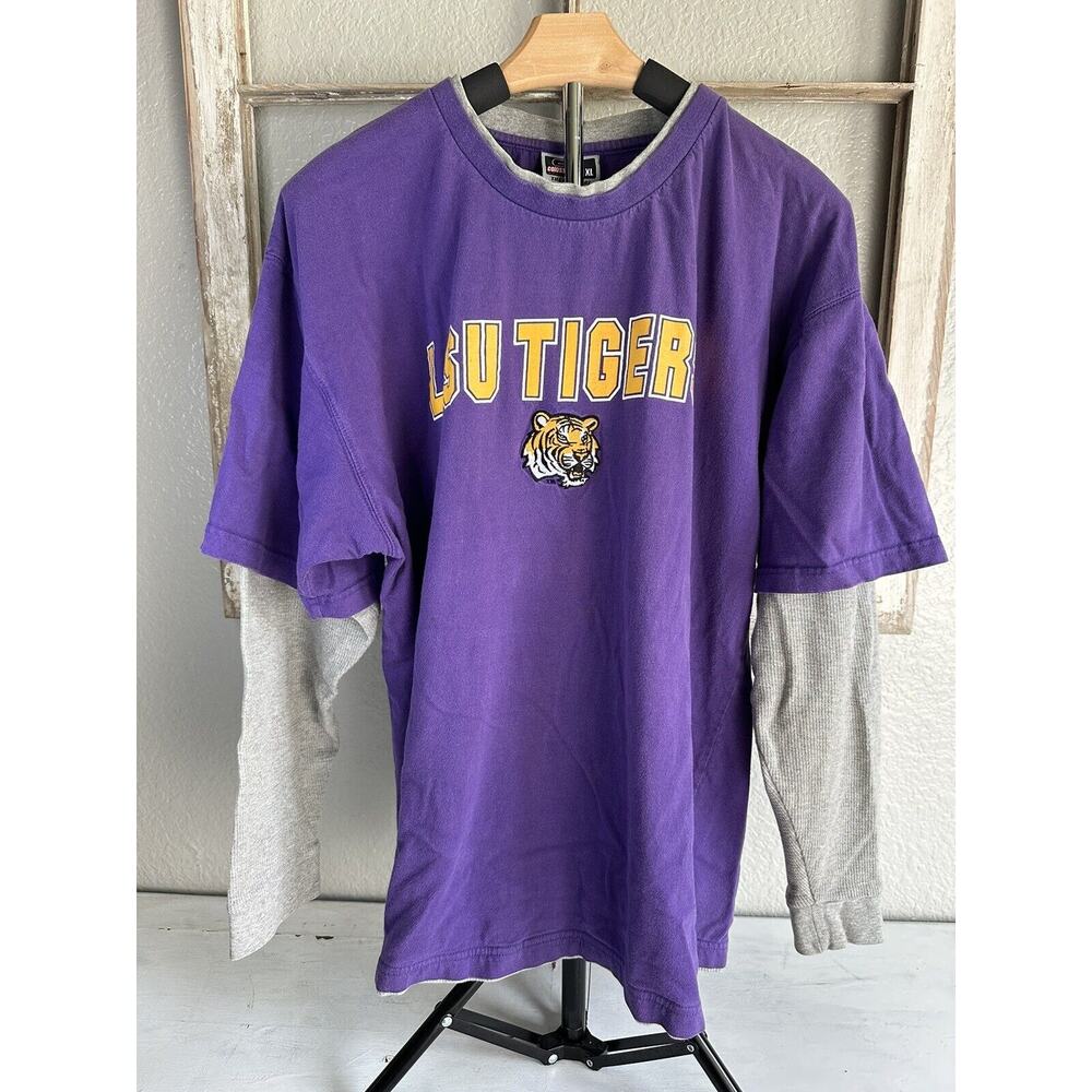 LSU Tigers Mens XL Shirt Colosseum Long Sleeve Purple 100%‎ Cotton Layered Look